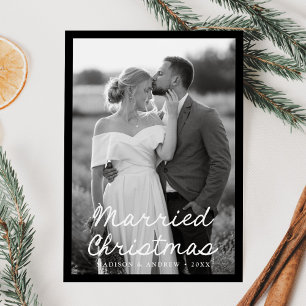 Elegant Married Christmas Script Black 2 Photo Holiday Card