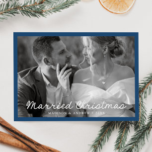 Elegant Married Christmas Script Blue Photo Holiday Card