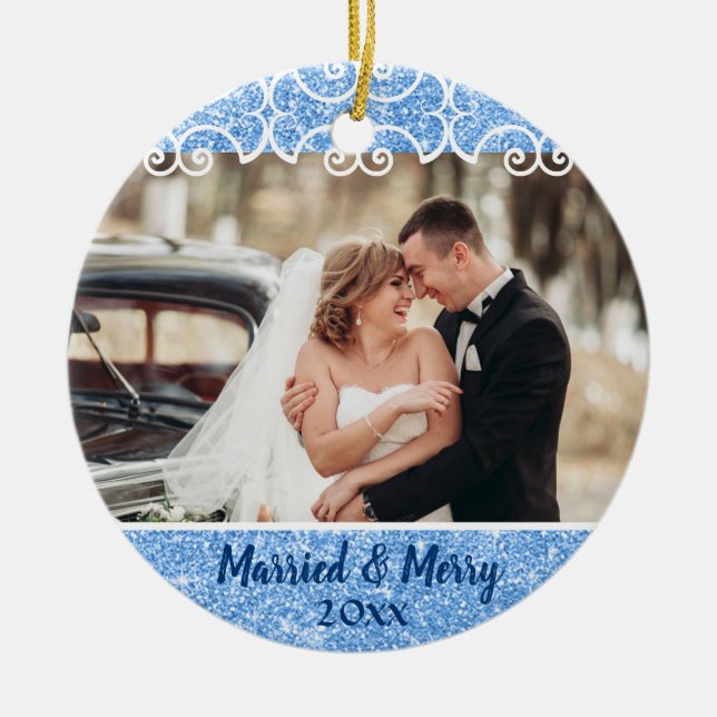 Elegant Married & Merry 2 Photo Blue Glitter First Ceramic Ornament (Front)