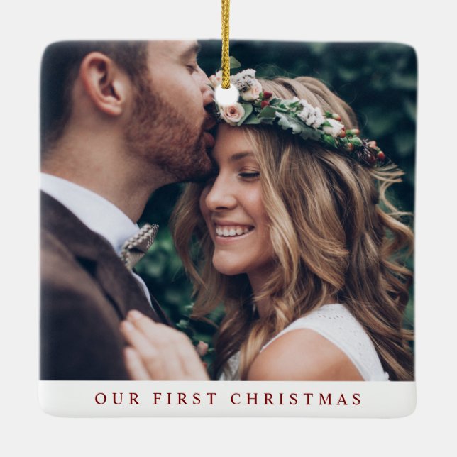 Elegant Married & Merry Newlywed Photo Christmas Ceramic Ornament (Back)
