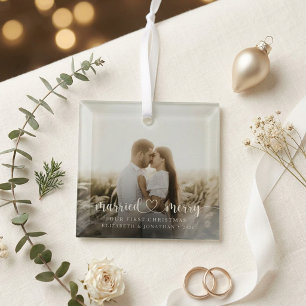 Elegant Married & Merry Script Photo Glass Ornament