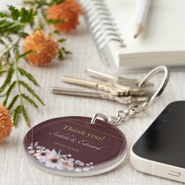 Elegant Marsala Blush Anemone Flowers Wedding Keychain (Front Right)
