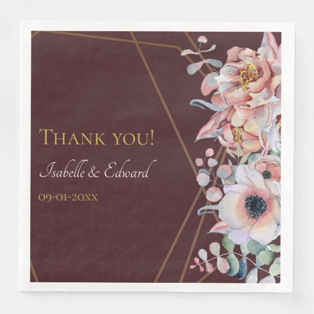 Elegant Marsala Blush Anemone Flowers Wedding Napkin (Front)