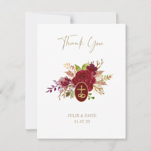Elegant Marsala Floral Gold Crucifix Wedding Thank You Card