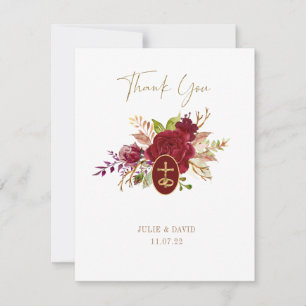 Elegant Marsala Floral Gold Crucifix Wedding Thank You Card