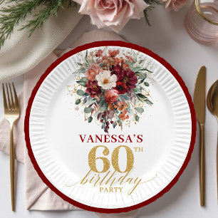 Elegant Marsala Gold Autumn Floral 60th Birthday P Paper Plate