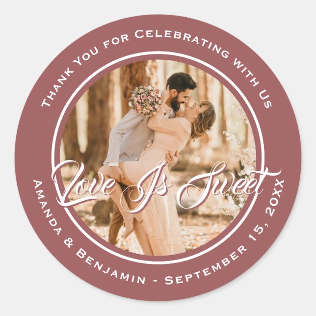 Elegant Marsala Love Is Sweet Wedding Photo Classic Round Sticker (Front)