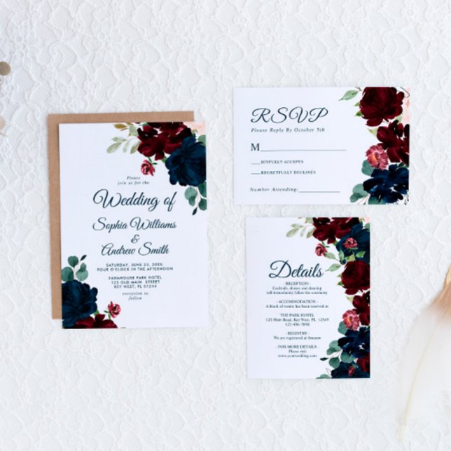 Elegant Marsala & Navy Flowers Rustic Wedding Invitation (Creator Uploaded)