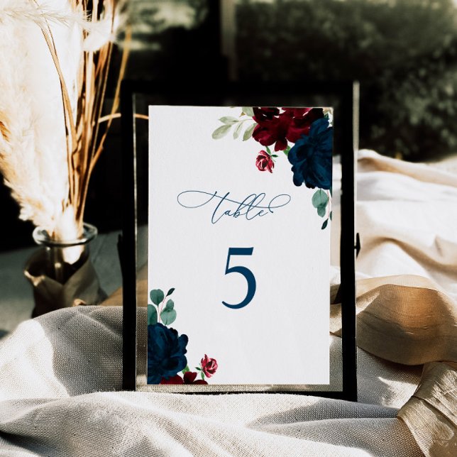 Elegant Marsala & Navy Flowers Table 5 Wedding Number (Creator Uploaded)