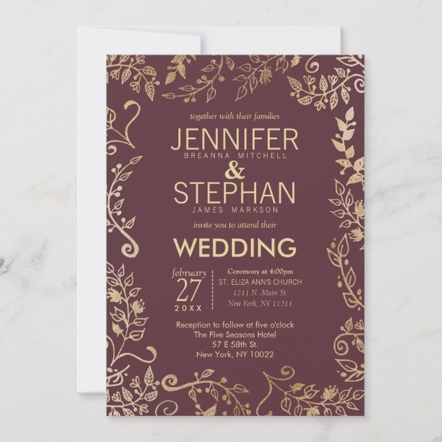 Elegant Marsala Red Burgundy Gold Floral Wedding Invitation (Front)