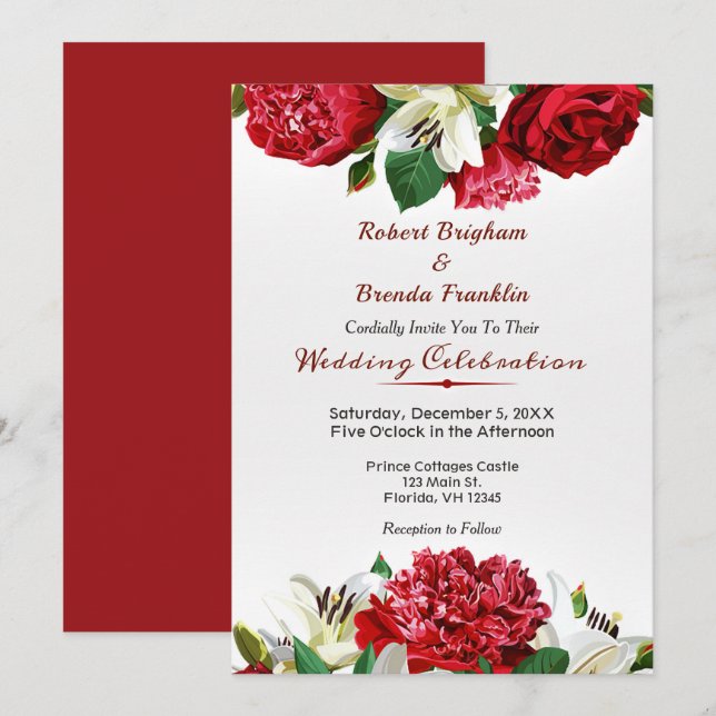 Elégant Marsala Roses Floral Wedding Invitations (Devant / Derrière)
