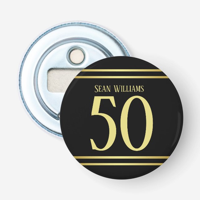 Elegant Masculine Gold & Black Birthday Bottle Opener (Front)