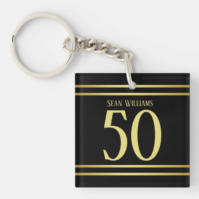 Elegant Masculine Gold & Black Birthday Keychain (Front)