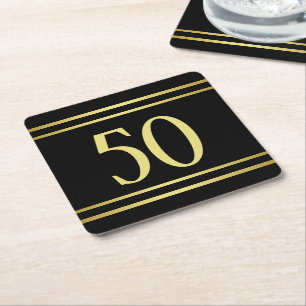 Elegant Masculine Gold & Black Birthday Square Paper Coaster