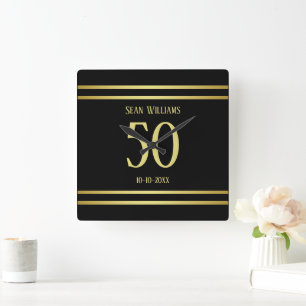 Elegant Masculine Gold & Black Birthday Square Wall Clock
