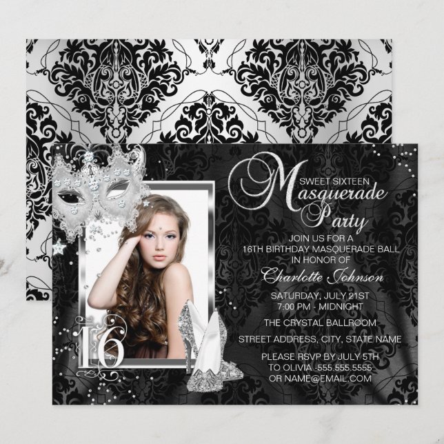 Elegant Mask & Heels Masquerade Photo Sweet 16 Invitation (Front/Back)