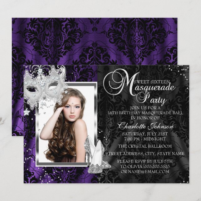 Elegant Mask & Heels Purple Masquerade Sweet 16 Invitation (Front/Back)