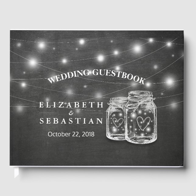 Elegant Mason Jar String Lights Chalkboard Wedding Guest Book (Front)