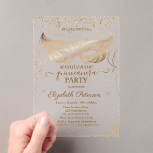 Elegant Masque Stars Confetti Quinceañera Acrylic Invitations
