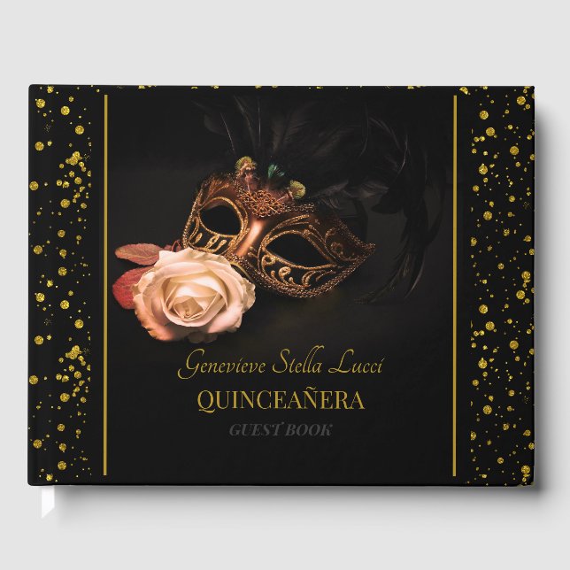 Elegant Masquerade and White Rose  Guest Book (Front)