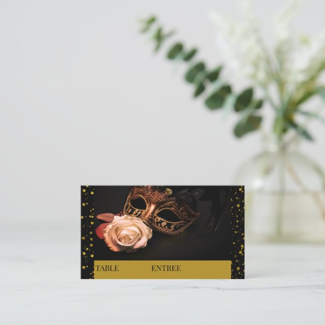 Elegant Masquerade and White Rose  Place Card (Standing Front)