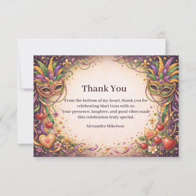 Elegant Masquerade Hearts Mardi Gras Thank You Card (Front)