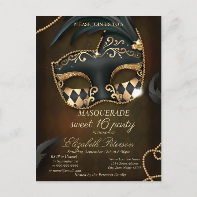 Elegant Masquerade Sweet 16  Invitation Postcard (Front)