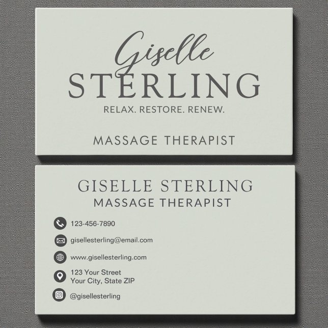Elegant Massage Therapist Sage Green Modern Business Card (Creator Uploaded)