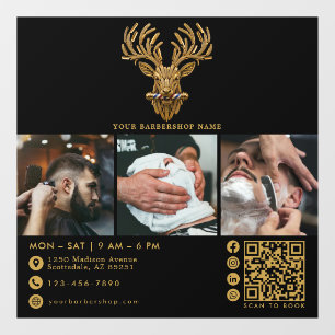 Elegant Master Barber Shop Gold Stag Qr Code Logo Window Cling