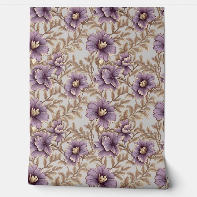 Elegant mauve and gold flowers spring floral wallpaper (Unrolling)
