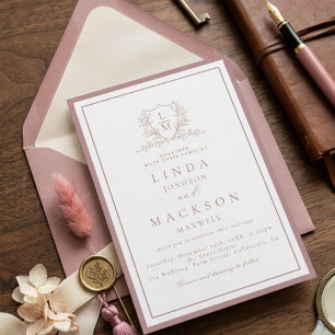 Elegant Mauve & botanical crest monogram wedding Invitation