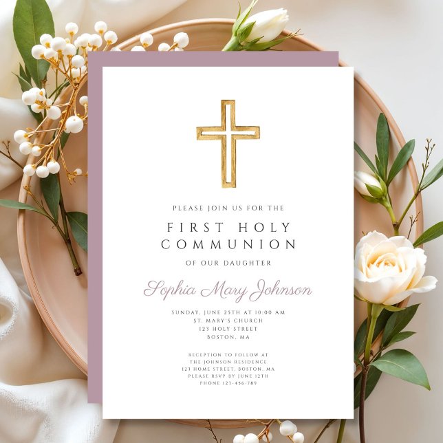 Elegant Mauve Cross Religious Girl First Communion Invitation (Elegant Mauve Cross Religious Girl First Communion Invitation)