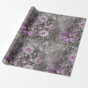 Elegant Mauve, Grey, and Ivory Floral & Beaded Wrapping Paper