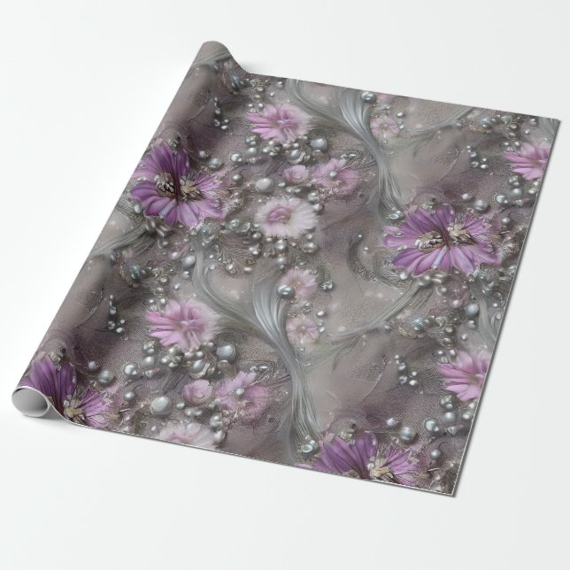 Elegant Mauve, Grey, and Ivory Floral & Beaded Wrapping Paper (Unrolled)