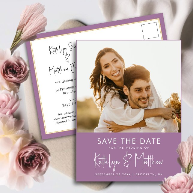 Elegant Mauve Modern Photo Wedding Save The Date Announcement Postcard (Creator Uploaded)