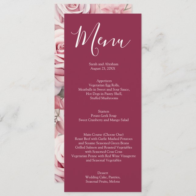 Elegant Mauve Pink and White Roses Wedding Menu (Front/Back)