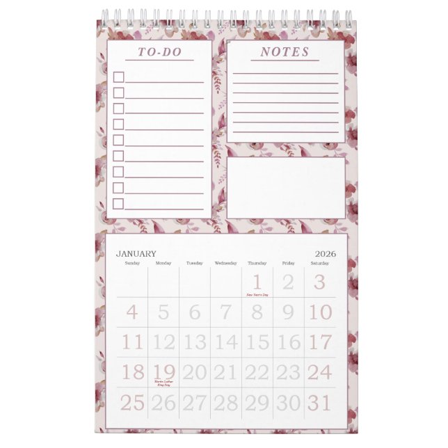 Elegant Mauve Pink Floral Pattern Monthly Planner Calendar (Jan 2026)