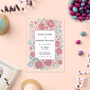 Elegant mauve pink light blue floral frame wedding acrylic invitations