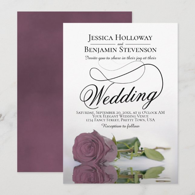 Elegant Mauve Pink Rose Classy Script Wedding Invitation (Front/Back)