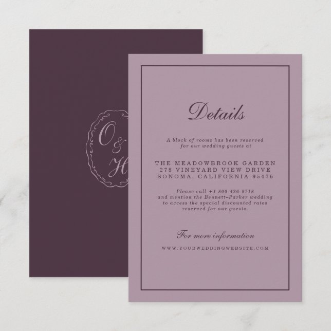 Elegant Mauve Plum Wedding Details Card (Front/Back)