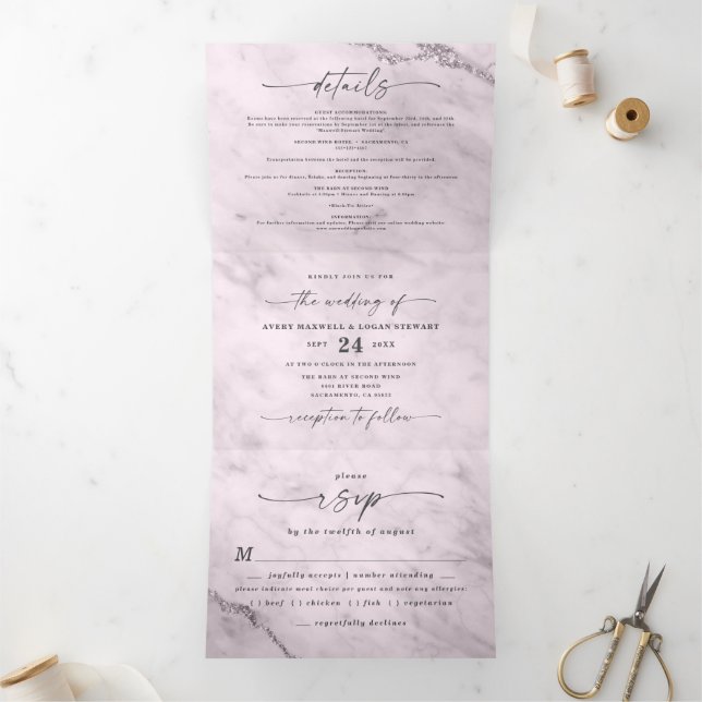 Elegant Mauve Purple Metallic Marble Wedding Tri-Fold Invitation (Inside)