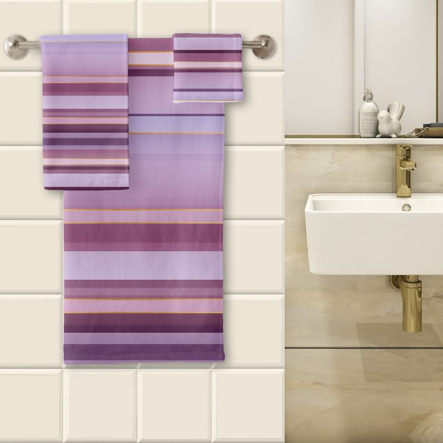 Elegant Mauve Purple Striped Pattern Bath Towel Set (A lovely striped bathroom towel set in a variety of mauve purple colors with tiny rose gold lines.)