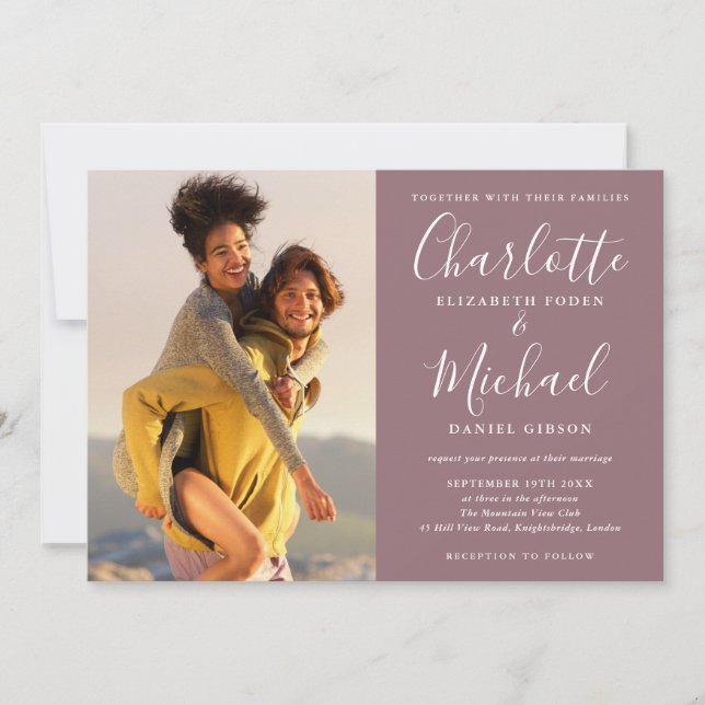 Elegant Mauve Signature Script Photos Wedding Invitation (Front)