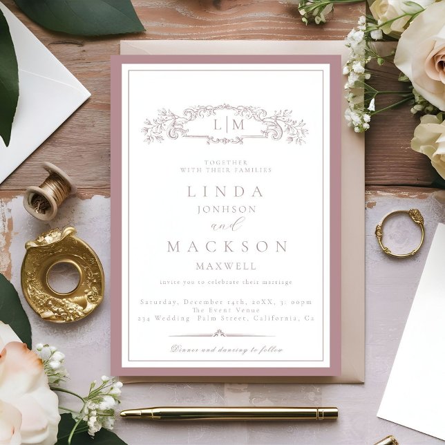 Elegant Mauve & Terracotta Crest Monogram Wedding  Invitation (Creator Uploaded)