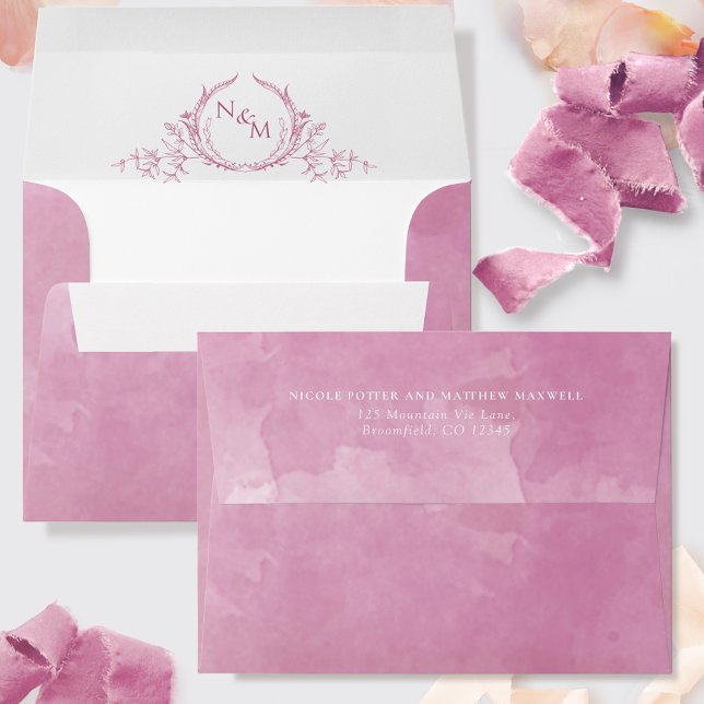 Elegant Mauve Watercolor Monogram Wedding Envelope (Creator Uploaded)