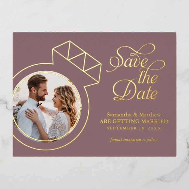 Elegant Mauve Wedding Save the Date Photo Foil Invitation Postcard (Front)