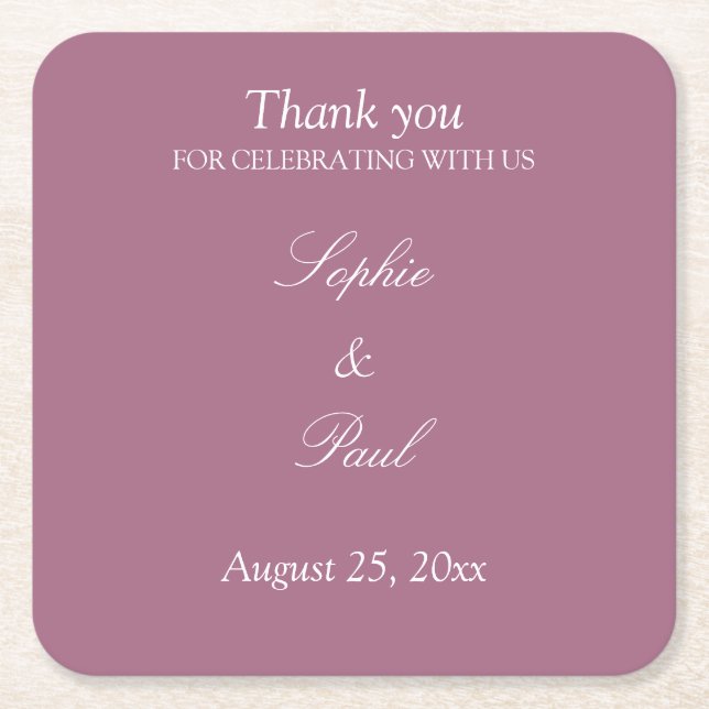 Elegant Mauve Wedding Thank You Square Paper Coaster (Front)