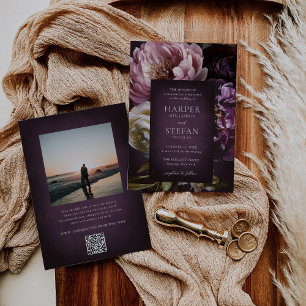 Elegant Maximalist Purple Floral QR Code Wedding Invitation