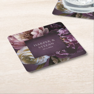 Elegant Maximalist Purple Floral Wedding Square Paper Coaster