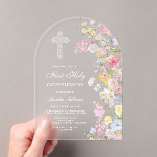 Elegant Meadow Flowers Arch First Communion Acrylic Invitations